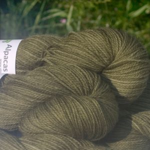 Alpacas of Wales semi-solid olive green Suri & Baby Alpaca sport weight yarn. hand dyed by Triskelion Yarn
